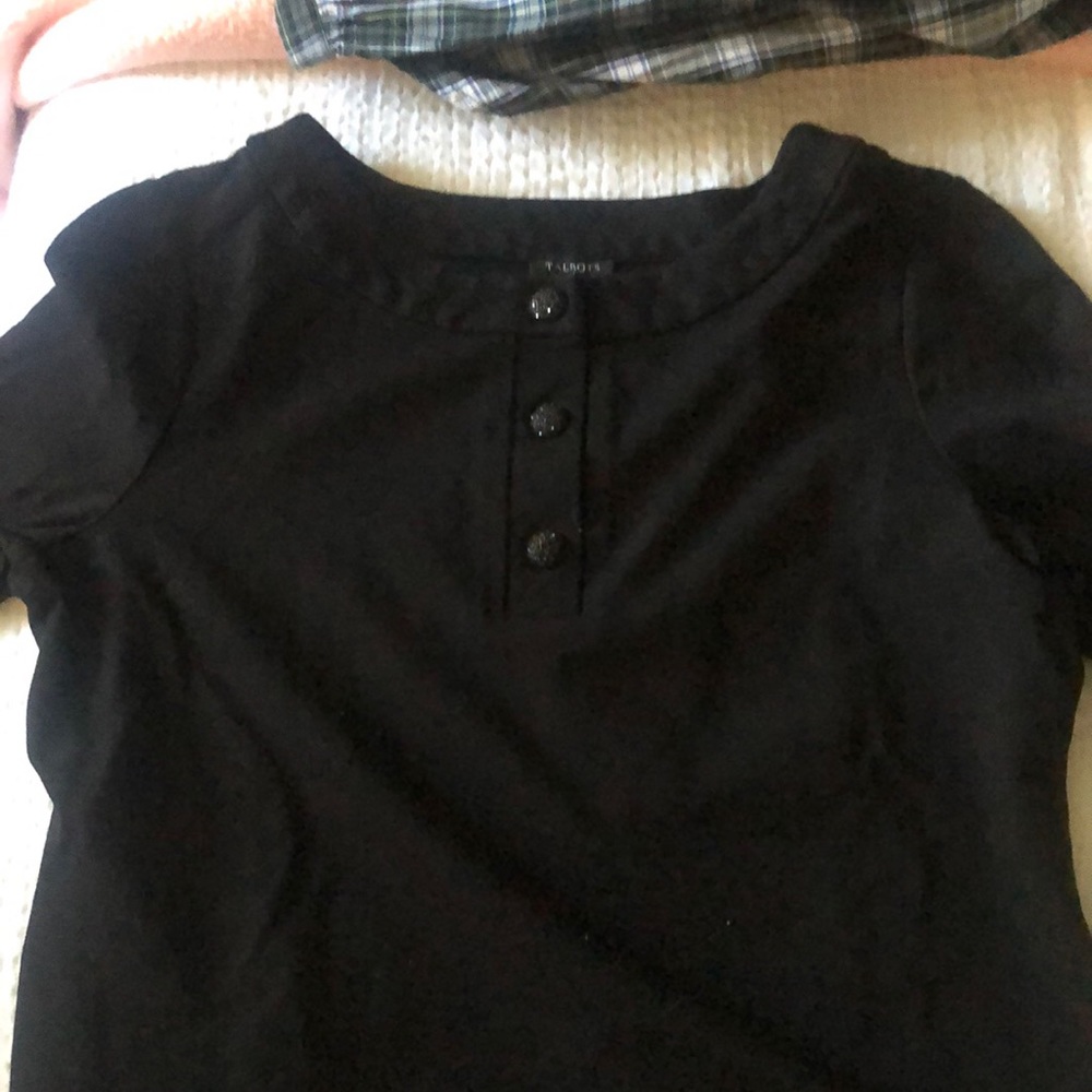 Talbots size M fun/fancy top, with 3 pretty jeweled buttons. Boat neck collar